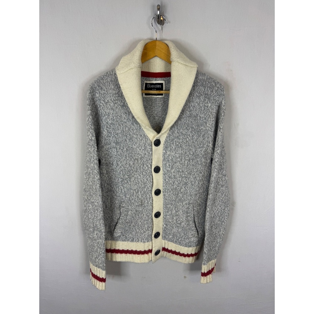 Bluenotes Grey Marled Shawl Collar Cardigan Sweater Red Stripe Trim 805-1501 S